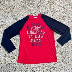 Men’s Merry Christmas Ya Filthy Animal Home Alone Red Black Raglan Shirt Size L